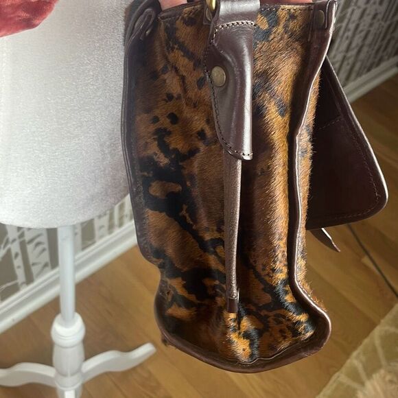 Italian Leather Hair On Hide Cow Print Satchel Chocolate Brown - Picture 11 of 13